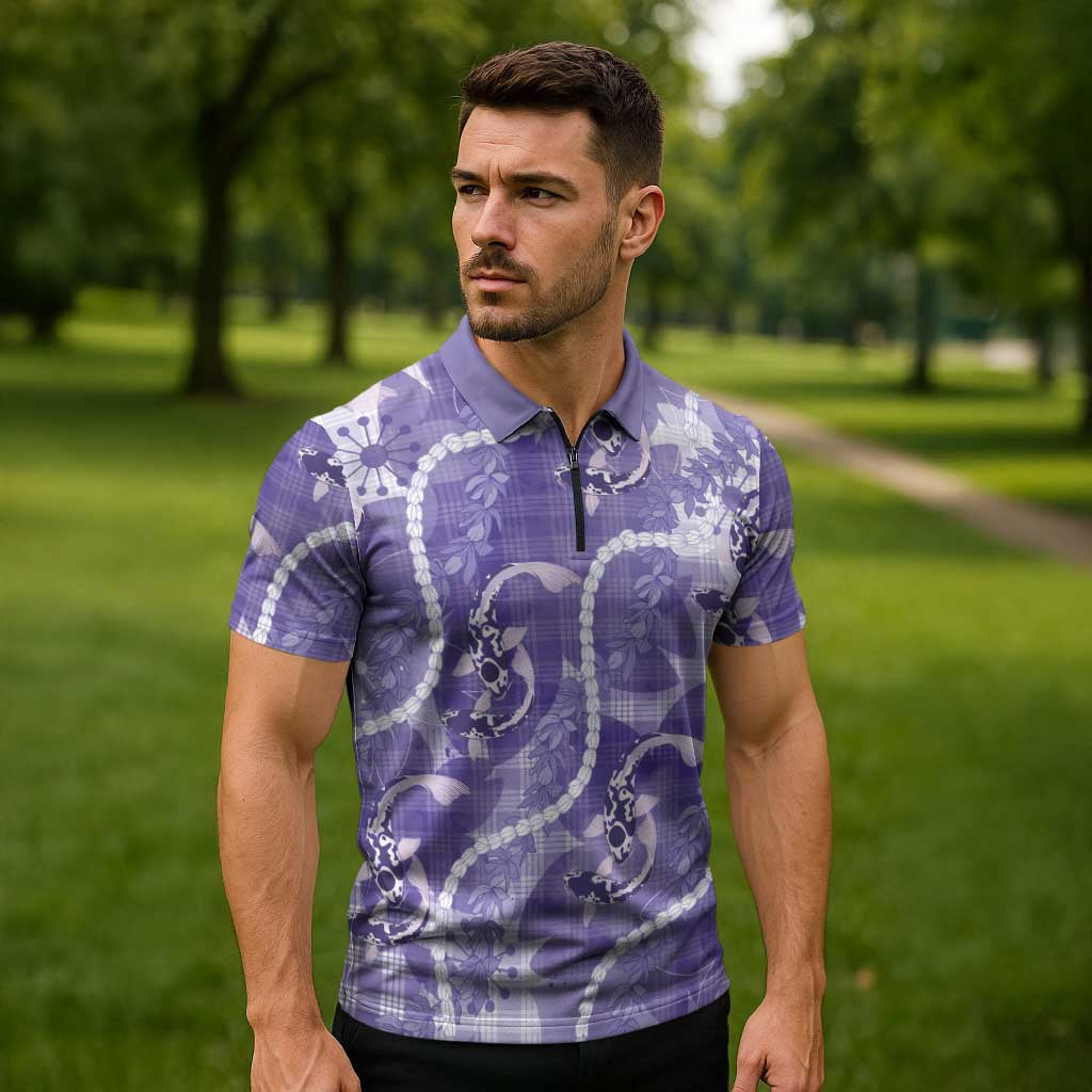 Japanese Koi Fish Zipper Polo Shirt Purple Wagara Palaka Honohono Pikake Lei LT9 - Polynesian Pride