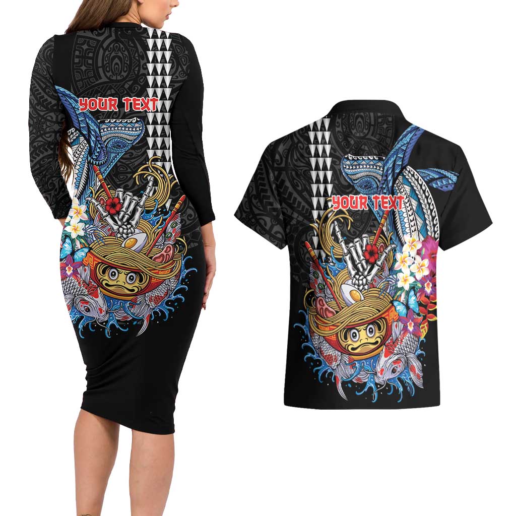 Personalized Japanese Koi Fish Ramen Couples Matching Long Sleeve Bodycon Dress and Hawaiian Shirt Aloha Shark Kakau Pattern LT9 - Polynesian Pride
