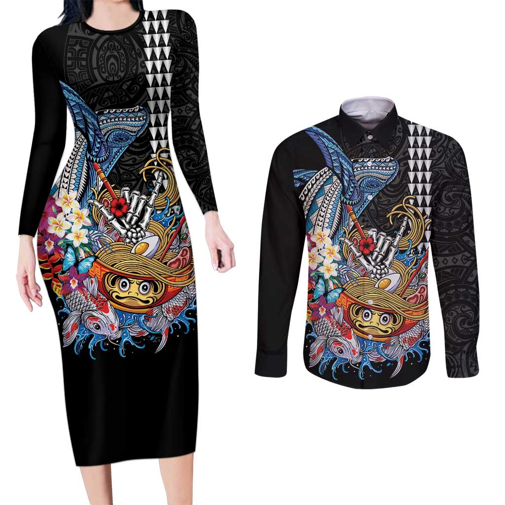 Personalized Japanese Koi Fish Ramen Couples Matching Long Sleeve Bodycon Dress and Long Sleeve Button Shirt Aloha Shark Kakau Pattern LT9 Black - Polynesian Pride