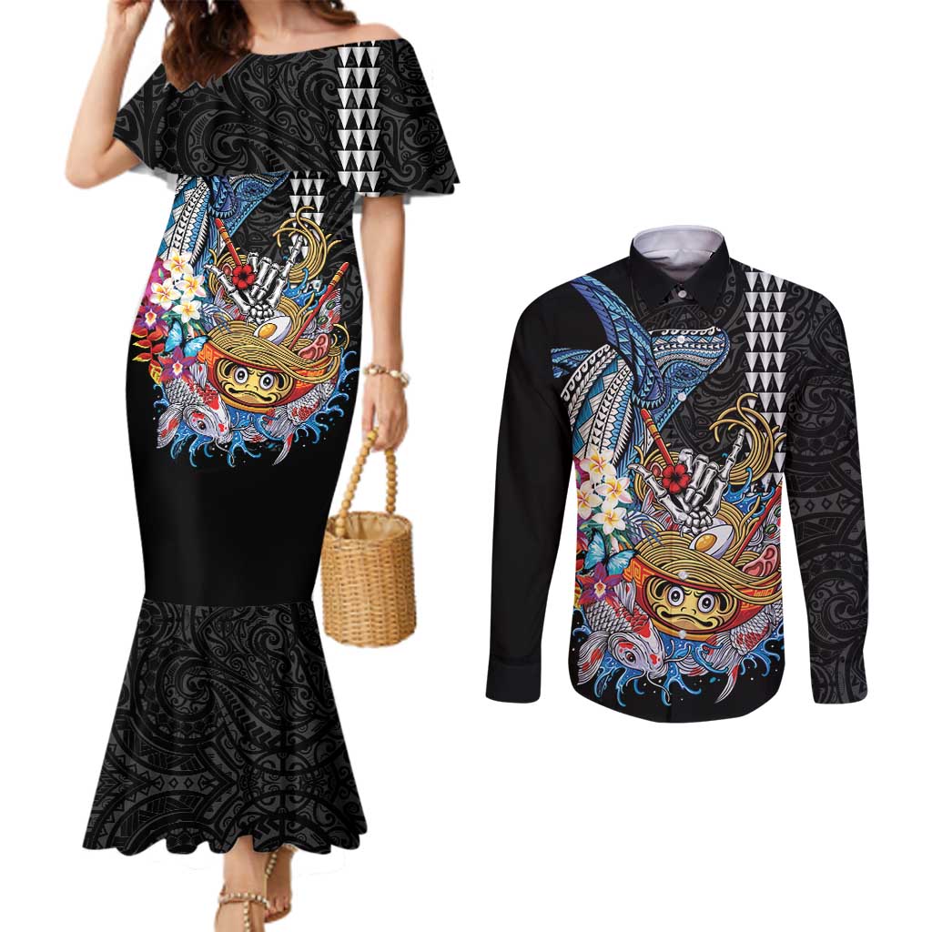 Personalized Japanese Koi Fish Ramen Couples Matching Mermaid Dress and Long Sleeve Button Shirt Aloha Shark Kakau Pattern LT9 Black - Polynesian Pride
