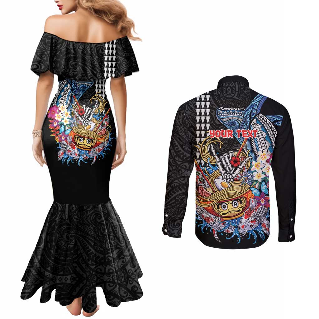 Personalized Japanese Koi Fish Ramen Couples Matching Mermaid Dress and Long Sleeve Button Shirt Aloha Shark Kakau Pattern