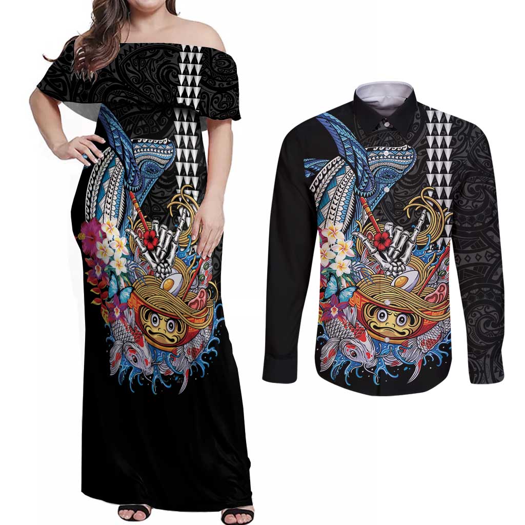 Personalized Japanese Koi Fish Ramen Couples Matching Off Shoulder Maxi Dress and Long Sleeve Button Shirt Aloha Shark Kakau Pattern LT9 Black - Polynesian Pride
