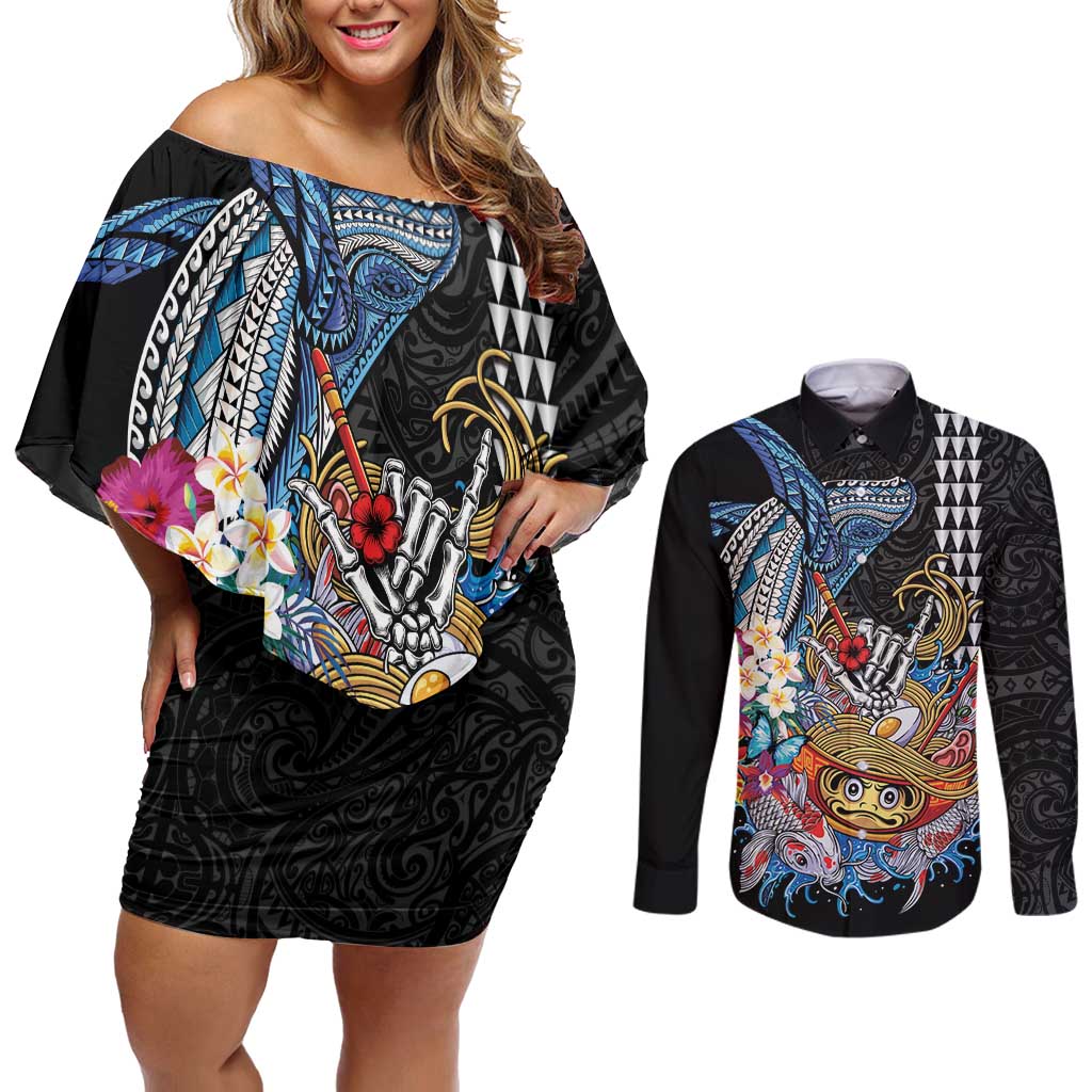 Personalized Japanese Koi Fish Ramen Couples Matching Off Shoulder Short Dress and Long Sleeve Button Shirt Aloha Shark Kakau Pattern LT9 Black - Polynesian Pride