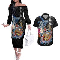 Personalized Japanese Koi Fish Ramen Couples Matching Off The Shoulder Long Sleeve Dress and Hawaiian Shirt Aloha Shark Kakau Pattern LT9 Black - Polynesian Pride