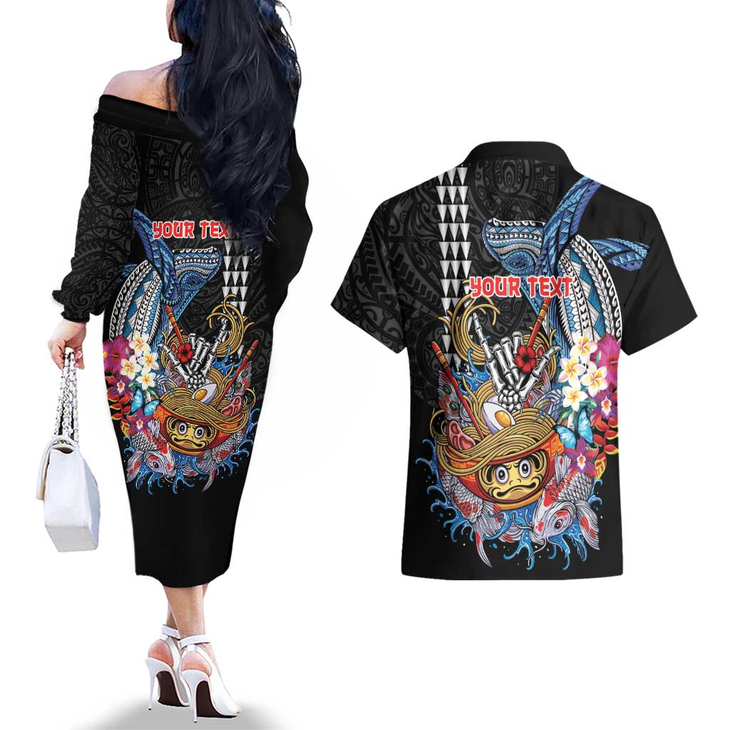 Personalized Japanese Koi Fish Ramen Couples Matching Off The Shoulder Long Sleeve Dress and Hawaiian Shirt Aloha Shark Kakau Pattern LT9 - Polynesian Pride