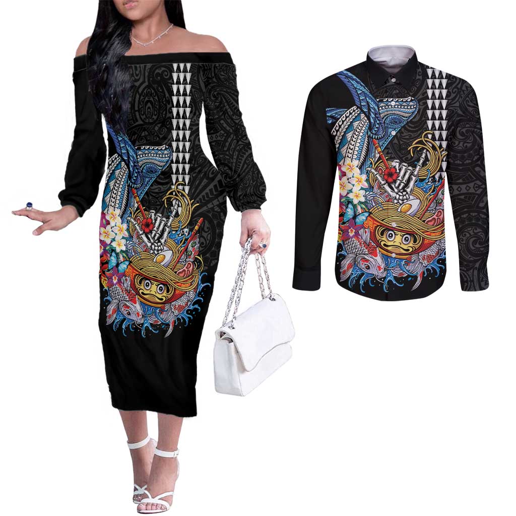 Personalized Japanese Koi Fish Ramen Couples Matching Off The Shoulder Long Sleeve Dress and Long Sleeve Button Shirt Aloha Shark Kakau Pattern LT9 Black - Polynesian Pride