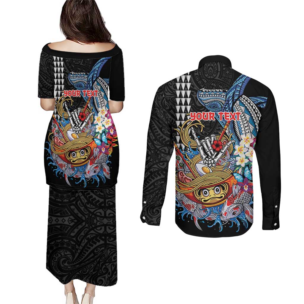 Personalized Japanese Koi Fish Ramen Couples Matching Puletasi and Long Sleeve Button Shirt Aloha Shark Kakau Pattern