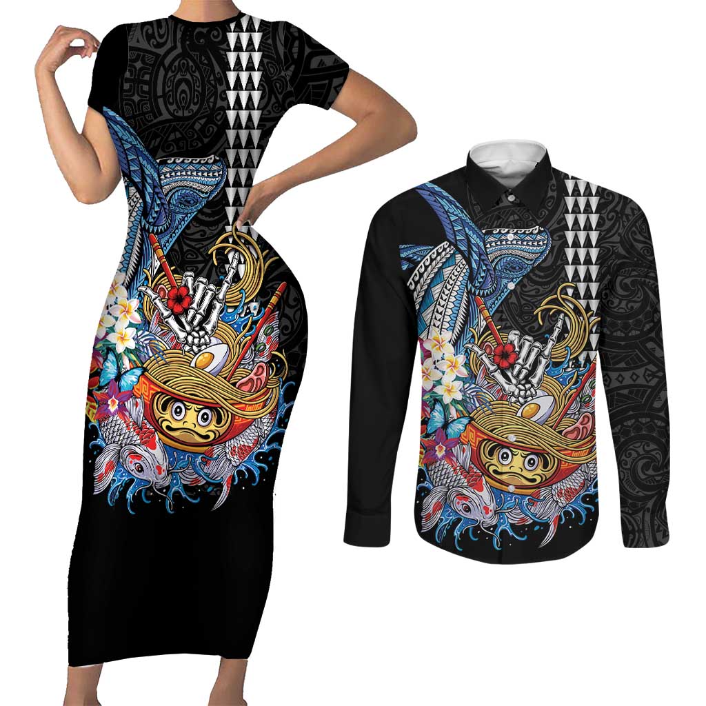 Personalized Japanese Koi Fish Ramen Couples Matching Short Sleeve Bodycon Dress and Long Sleeve Button Shirt Aloha Shark Kakau Pattern LT9 Black - Polynesian Pride