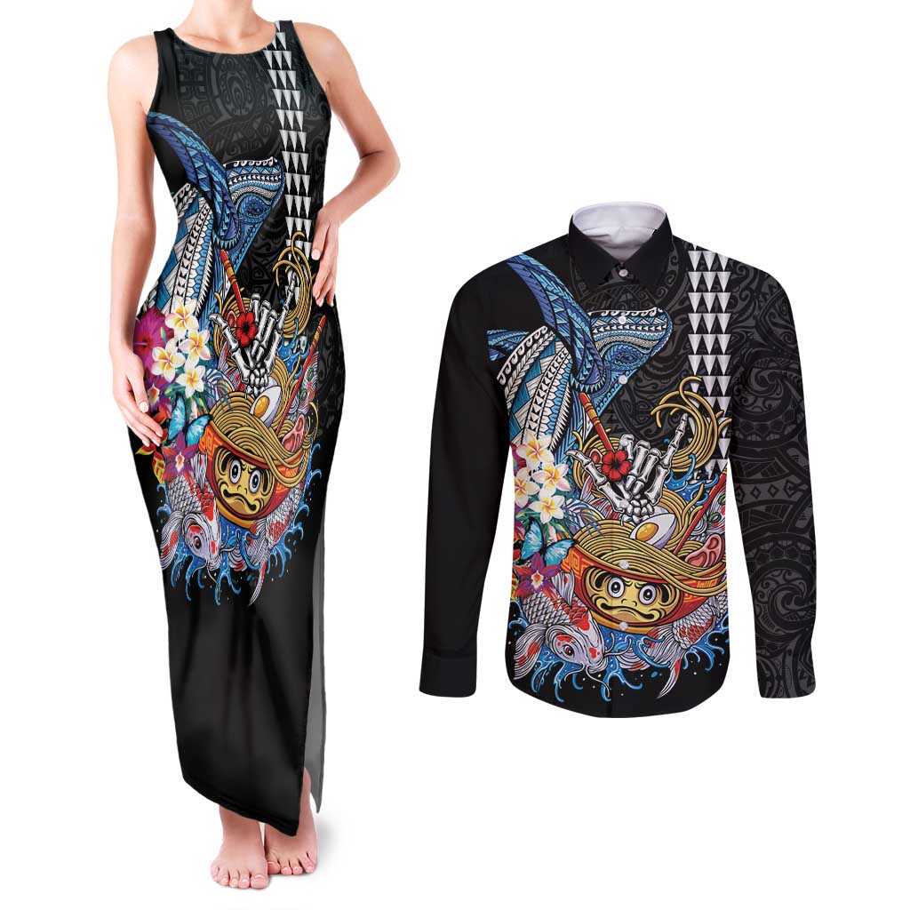 Personalized Japanese Koi Fish Ramen Couples Matching Tank Maxi Dress and Long Sleeve Button Shirt Aloha Shark Kakau Pattern LT9 Black - Polynesian Pride