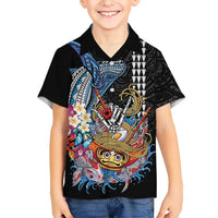 Personalized Japanese Koi Fish Ramen Family Matching Long Sleeve Bodycon Dress and Hawaiian Shirt Aloha Shark Kakau Pattern LT9 Son's Shirt Black - Polynesian Pride