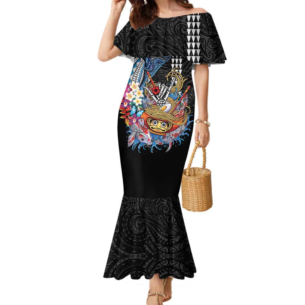 Personalized Japanese Koi Fish Ramen Family Matching Mermaid Dress and Hawaiian Shirt Aloha Shark Kakau Pattern LT9 Mom's Dress Black - Polynesian Pride