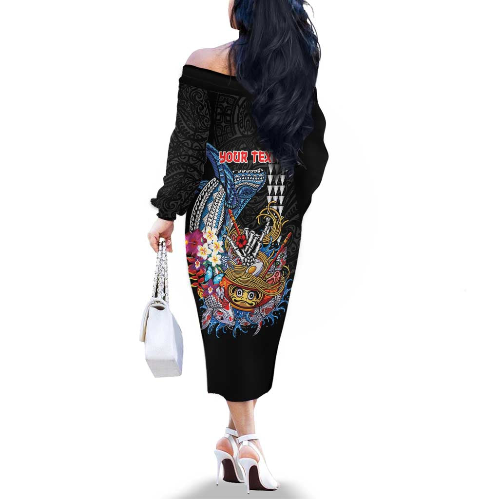 Personalized Japanese Koi Fish Ramen Family Matching Off The Shoulder Long Sleeve Dress and Hawaiian Shirt Aloha Shark Kakau Pattern LT9 - Polynesian Pride