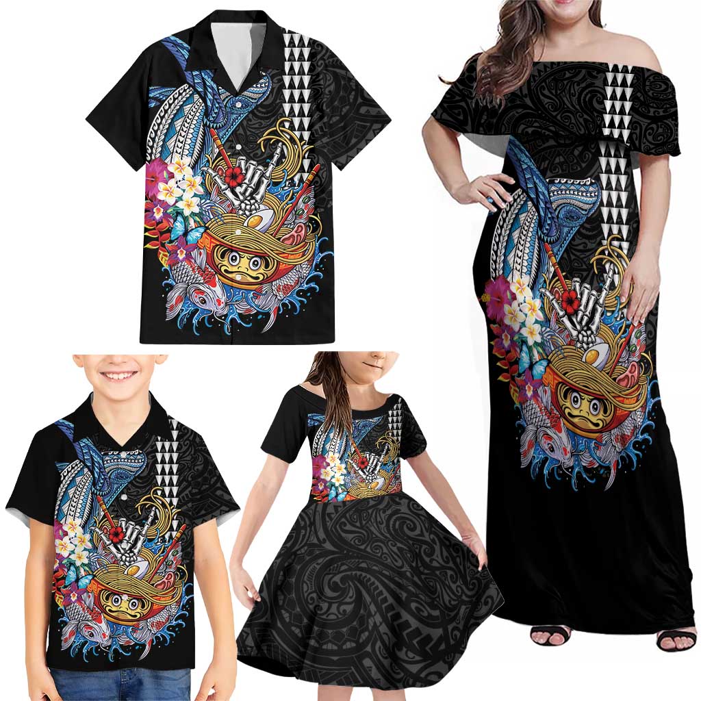 Personalized Japanese Koi Fish Ramen Family Matching Off Shoulder Maxi Dress and Hawaiian Shirt Aloha Shark Kakau Pattern LT9 - Polynesian Pride