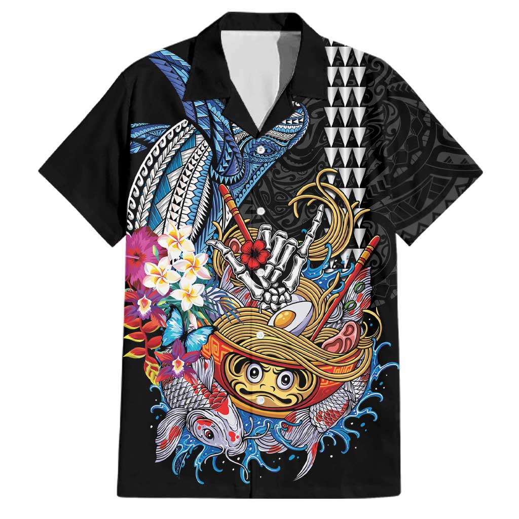 Personalized Japanese Koi Fish Ramen Family Matching Off Shoulder Maxi Dress and Hawaiian Shirt Aloha Shark Kakau Pattern LT9 Dad's Shirt - Short Sleeve Black - Polynesian Pride