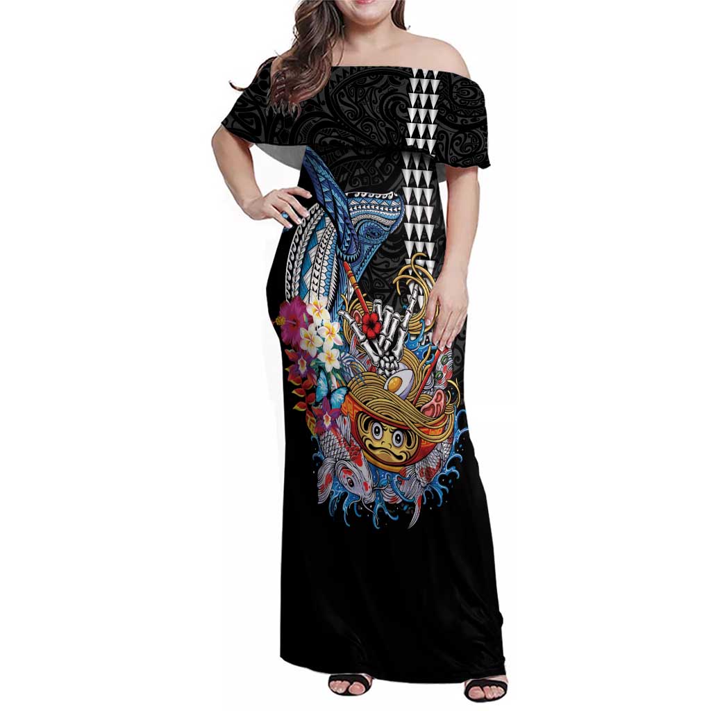 Personalized Japanese Koi Fish Ramen Family Matching Off Shoulder Maxi Dress and Hawaiian Shirt Aloha Shark Kakau Pattern LT9 Mom's Dress Black - Polynesian Pride
