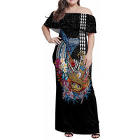 Personalized Japanese Koi Fish Ramen Family Matching Off Shoulder Maxi Dress and Hawaiian Shirt Aloha Shark Kakau Pattern LT9 Mom's Dress Black - Polynesian Pride