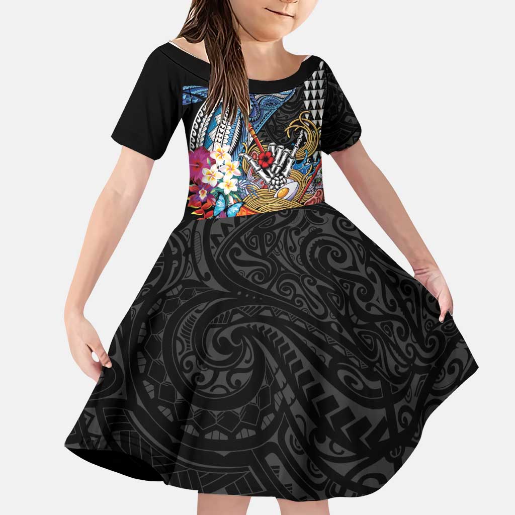 Personalized Japanese Koi Fish Ramen Family Matching Off Shoulder Short Dress and Hawaiian Shirt Aloha Shark Kakau Pattern LT9 Daughter's Dress Black - Polynesian Pride