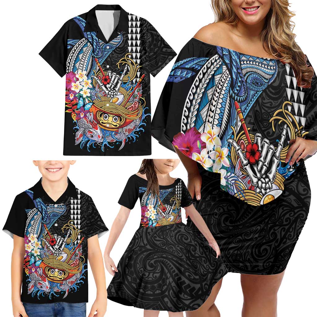 Personalized Japanese Koi Fish Ramen Family Matching Off Shoulder Short Dress and Hawaiian Shirt Aloha Shark Kakau Pattern LT9 - Polynesian Pride