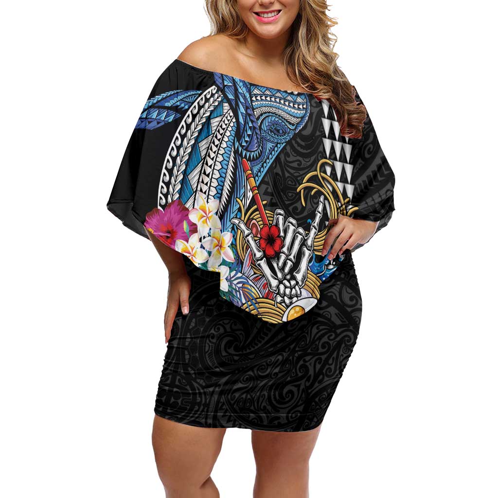 Personalized Japanese Koi Fish Ramen Family Matching Off Shoulder Short Dress and Hawaiian Shirt Aloha Shark Kakau Pattern LT9 Mom's Dress Black - Polynesian Pride