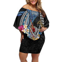 Personalized Japanese Koi Fish Ramen Family Matching Off Shoulder Short Dress and Hawaiian Shirt Aloha Shark Kakau Pattern LT9 Mom's Dress Black - Polynesian Pride