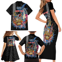 Personalized Japanese Koi Fish Ramen Family Matching Short Sleeve Bodycon Dress and Hawaiian Shirt Aloha Shark Kakau Pattern LT9 - Polynesian Pride