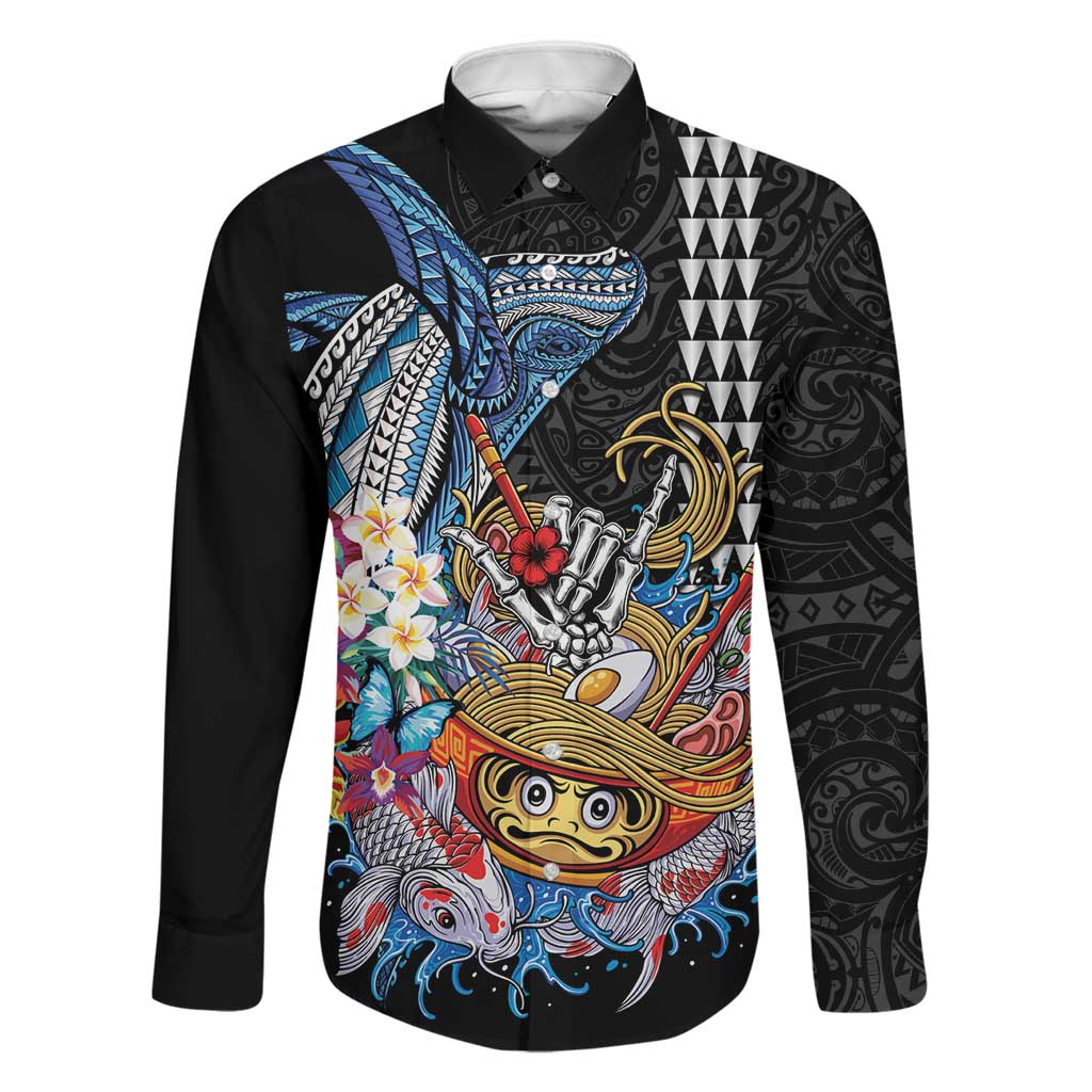 Personalized Japanese Koi Fish Ramen Family Matching Short Sleeve Bodycon Dress and Hawaiian Shirt Aloha Shark Kakau Pattern LT9 Dad's Shirt - Long Sleeve Black - Polynesian Pride