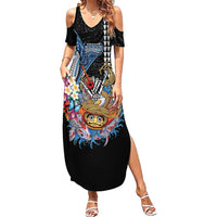 Personalized Japanese Koi Fish Ramen Family Matching Summer Maxi Dress and Hawaiian Shirt Aloha Shark Kakau Pattern LT9 Mom's Dress Black - Polynesian Pride