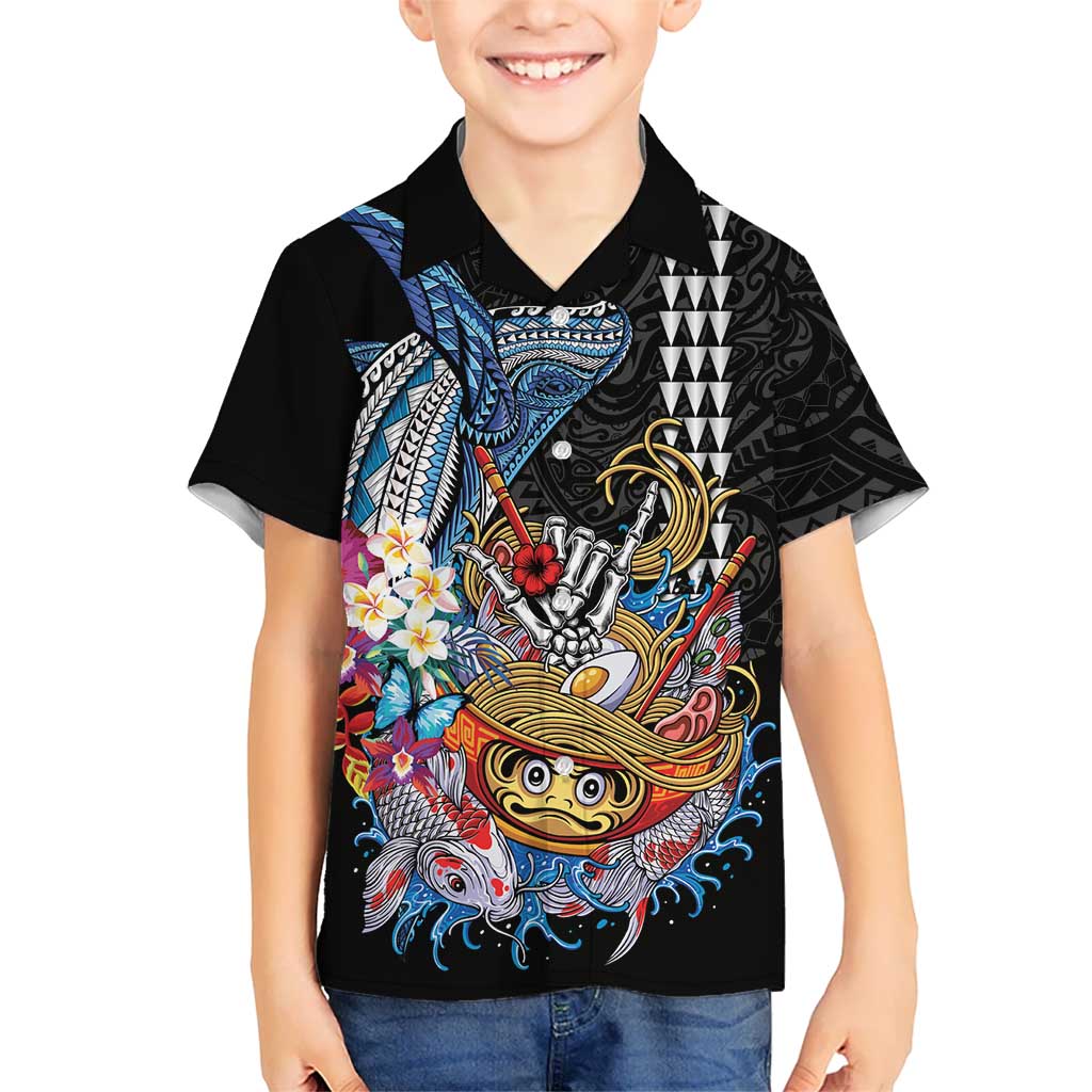 Personalized Japanese Koi Fish Ramen Family Matching Summer Maxi Dress and Hawaiian Shirt Aloha Shark Kakau Pattern LT9 Son's Shirt Black - Polynesian Pride