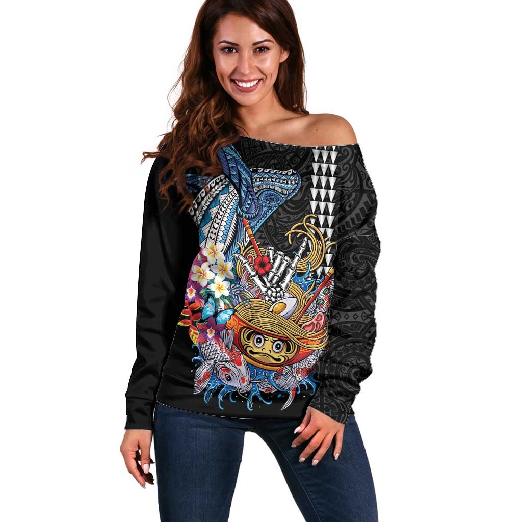 Personalized Japanese Koi Fish Ramen Off Shoulder Sweater Aloha Shark Kakau Pattern