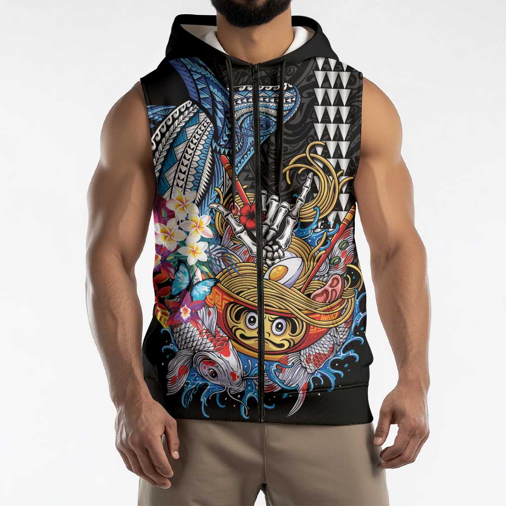 Personalized Japanese Koi Fish Ramen Sleeveless Zip Hoodie Aloha Shark Kakau Pattern