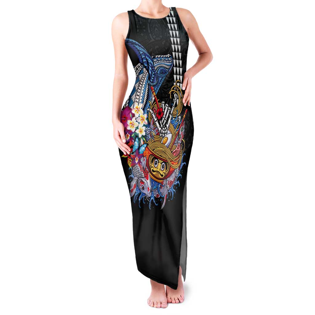 Personalized Japanese Koi Fish Ramen Tank Maxi Dress Aloha Shark Kakau Pattern LT9 Women Black - Polynesian Pride
