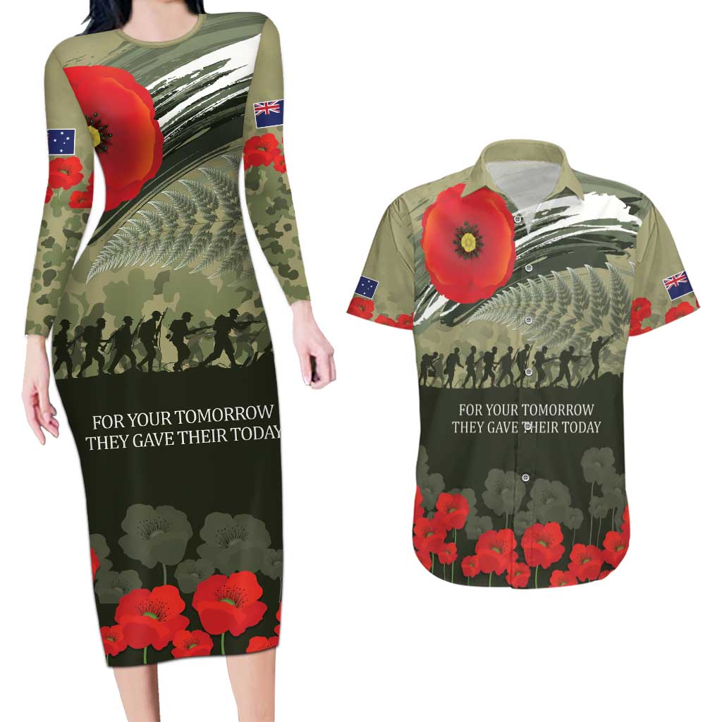 ANZAC Day We Remember Couples Matching Long Sleeve Bodycon Dress and Hawaiian Shirt Maori Silver Fern Camouflage Motif LT9 Green - Polynesian Pride