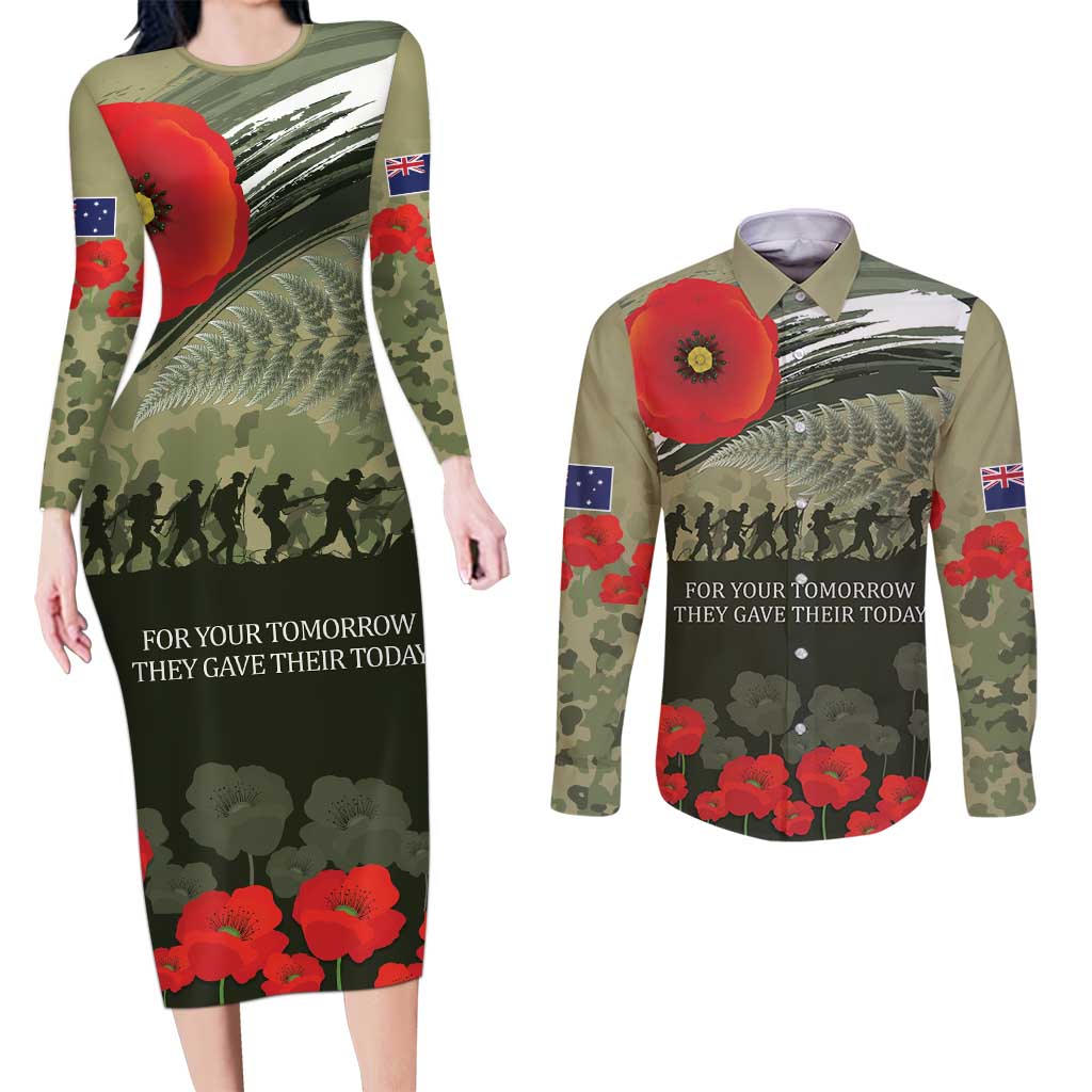 ANZAC Day We Remember Couples Matching Long Sleeve Bodycon Dress and Long Sleeve Button Shirt Maori Silver Fern Camouflage Motif LT9 Green - Polynesian Pride