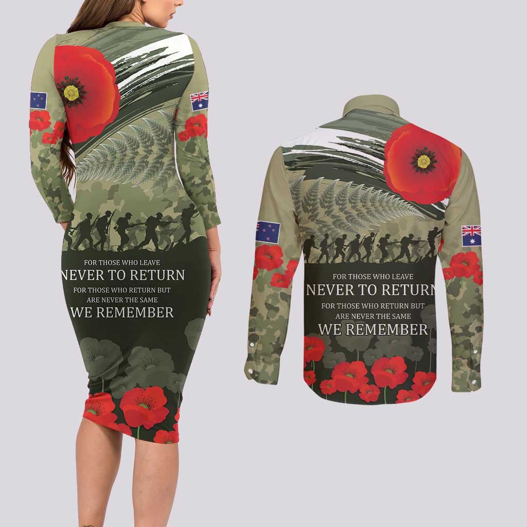 ANZAC Day We Remember Couples Matching Long Sleeve Bodycon Dress and Long Sleeve Button Shirt Maori Silver Fern Camouflage Motif LT9 - Polynesian Pride