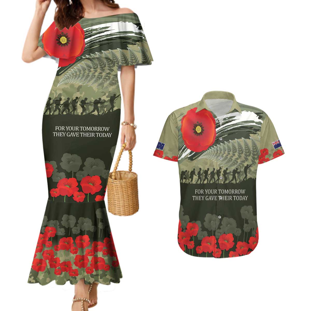 ANZAC Day We Remember Couples Matching Mermaid Dress and Hawaiian Shirt Maori Silver Fern Camouflage Motif LT9 Green - Polynesian Pride