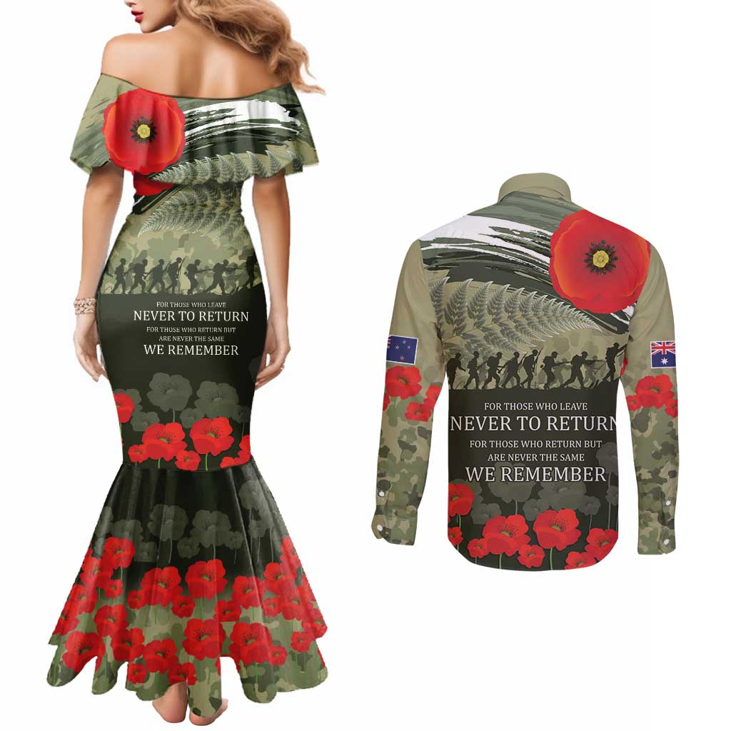 ANZAC Day We Remember Couples Matching Mermaid Dress and Long Sleeve Button Shirt Maori Silver Fern Camouflage Motif LT9 - Polynesian Pride