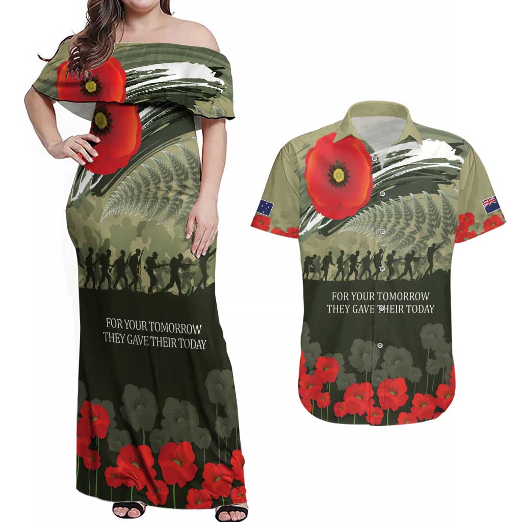 ANZAC Day We Remember Couples Matching Off Shoulder Maxi Dress and Hawaiian Shirt Maori Silver Fern Camouflage Motif LT9 Green - Polynesian Pride
