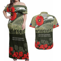 ANZAC Day We Remember Couples Matching Off Shoulder Maxi Dress and Hawaiian Shirt Maori Silver Fern Camouflage Motif LT9 Green - Polynesian Pride