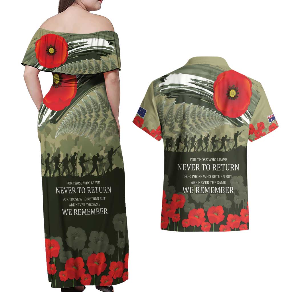 ANZAC Day We Remember Couples Matching Off Shoulder Maxi Dress and Hawaiian Shirt Maori Silver Fern Camouflage Motif LT9 - Polynesian Pride