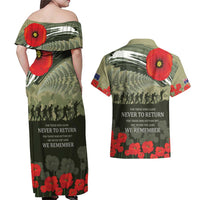 ANZAC Day We Remember Couples Matching Off Shoulder Maxi Dress and Hawaiian Shirt Maori Silver Fern Camouflage Motif LT9 - Polynesian Pride
