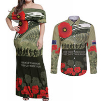 ANZAC Day We Remember Couples Matching Off Shoulder Maxi Dress and Long Sleeve Button Shirt Maori Silver Fern Camouflage Motif LT9 Green - Polynesian Pride