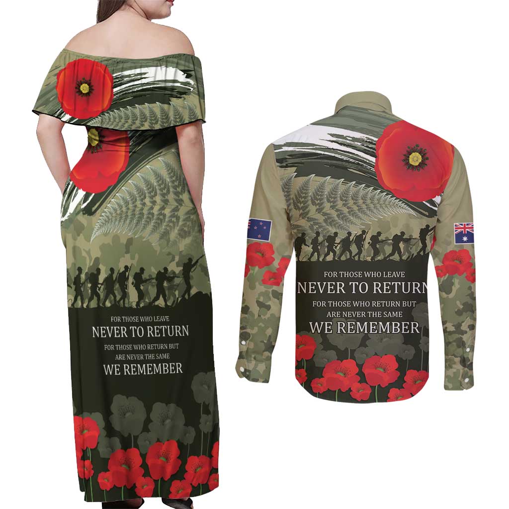 ANZAC Day We Remember Couples Matching Off Shoulder Maxi Dress and Long Sleeve Button Shirt Maori Silver Fern Camouflage Motif LT9 - Polynesian Pride