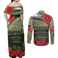 ANZAC Day We Remember Couples Matching Off Shoulder Maxi Dress and Long Sleeve Button Shirt Maori Silver Fern Camouflage Motif LT9 - Polynesian Pride