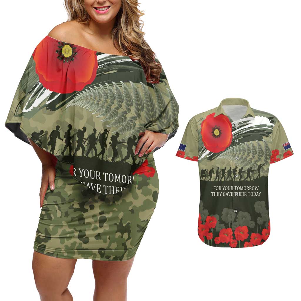 ANZAC Day We Remember Couples Matching Off Shoulder Short Dress and Hawaiian Shirt Maori Silver Fern Camouflage Motif LT9 Green - Polynesian Pride