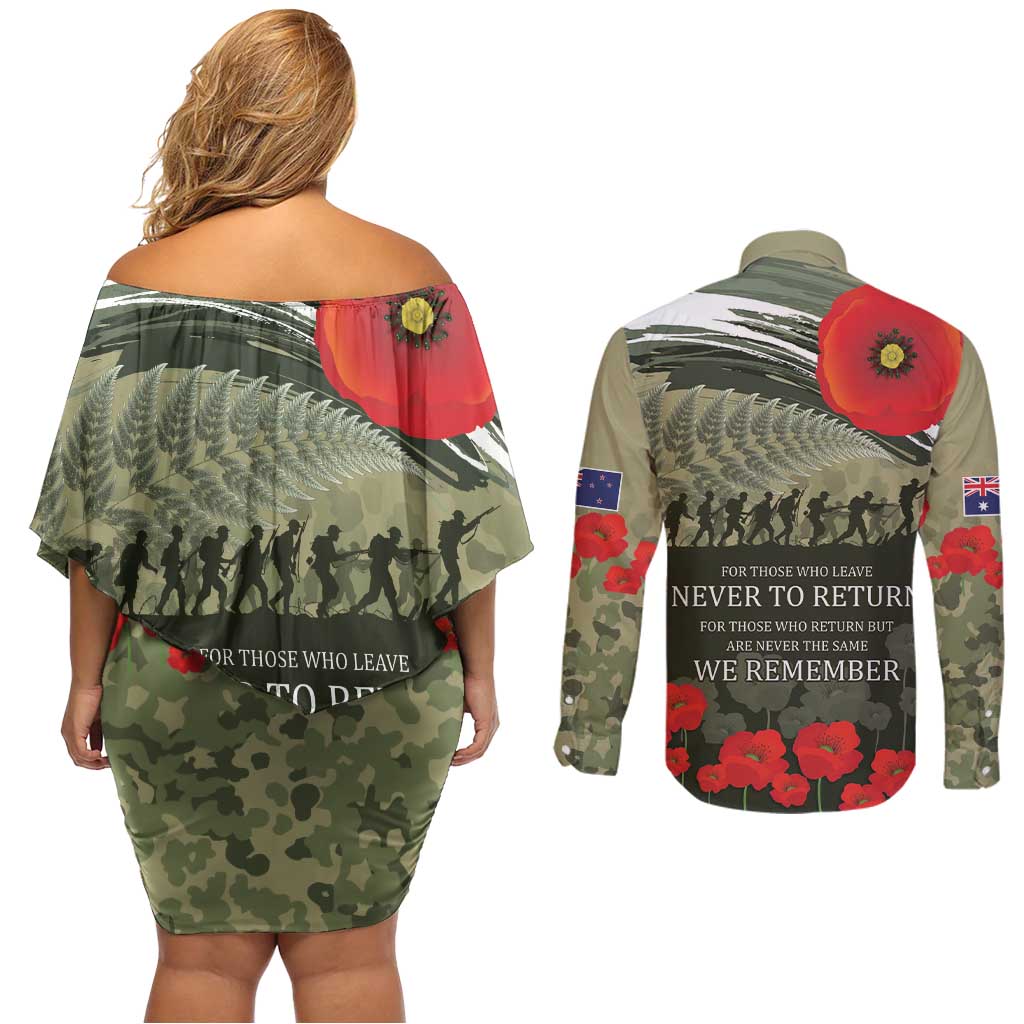 ANZAC Day We Remember Couples Matching Off Shoulder Short Dress and Long Sleeve Button Shirt Maori Silver Fern Camouflage Motif LT9 - Polynesian Pride