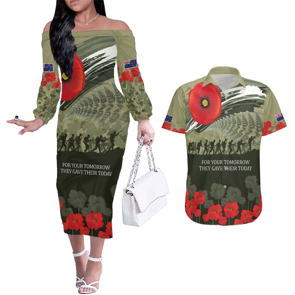 ANZAC Day We Remember Couples Matching Off The Shoulder Long Sleeve Dress and Hawaiian Shirt Maori Silver Fern Camouflage Motif LT9 Green - Polynesian Pride