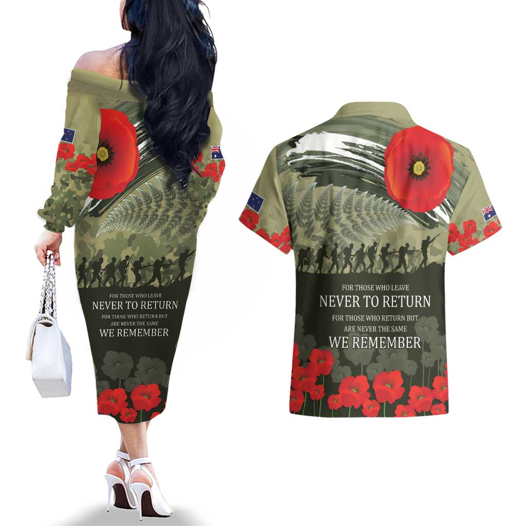 ANZAC Day We Remember Couples Matching Off The Shoulder Long Sleeve Dress and Hawaiian Shirt Maori Silver Fern Camouflage Motif LT9 - Polynesian Pride