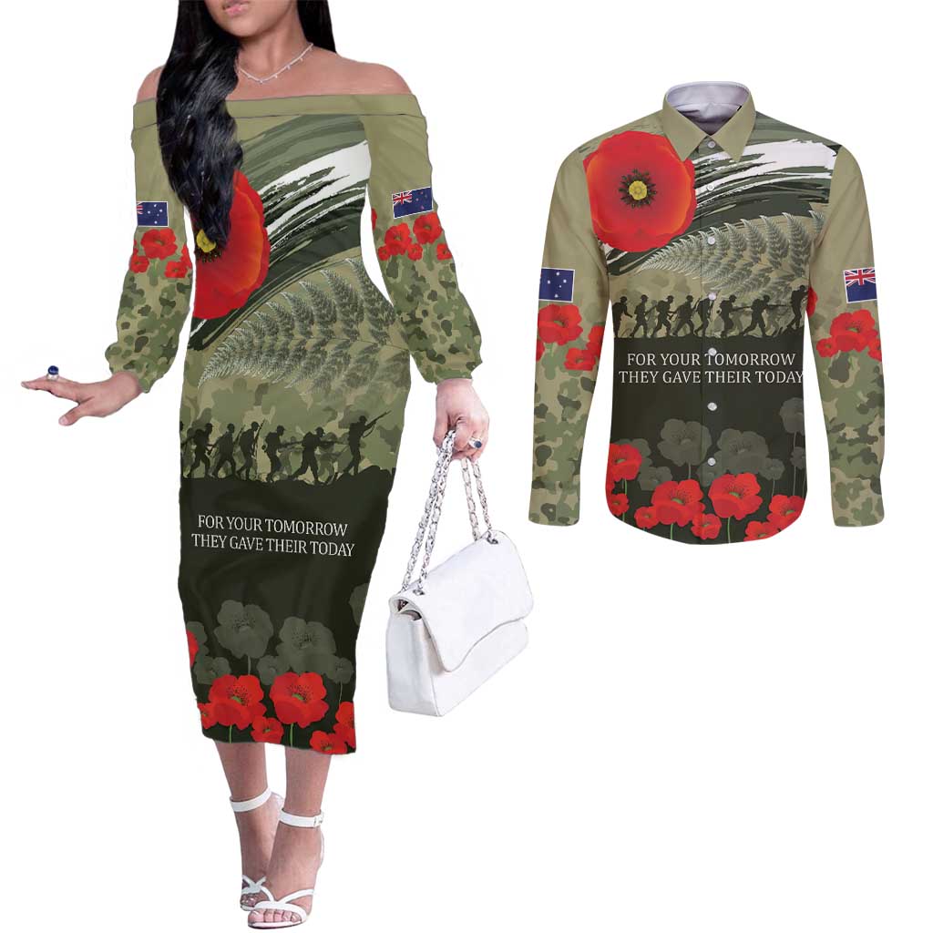 ANZAC Day We Remember Couples Matching Off The Shoulder Long Sleeve Dress and Long Sleeve Button Shirt Maori Silver Fern Camouflage Motif LT9 Green - Polynesian Pride