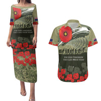 ANZAC Day We Remember Couples Matching Puletasi and Hawaiian Shirt Maori Silver Fern Camouflage Motif LT9 Green - Polynesian Pride
