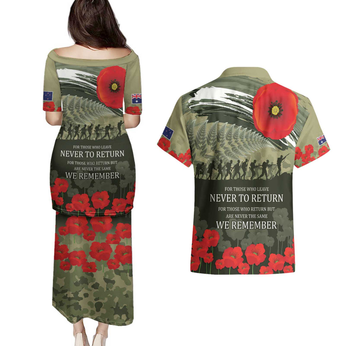 ANZAC Day We Remember Couples Matching Puletasi and Hawaiian Shirt Maori Silver Fern Camouflage Motif LT9 - Polynesian Pride